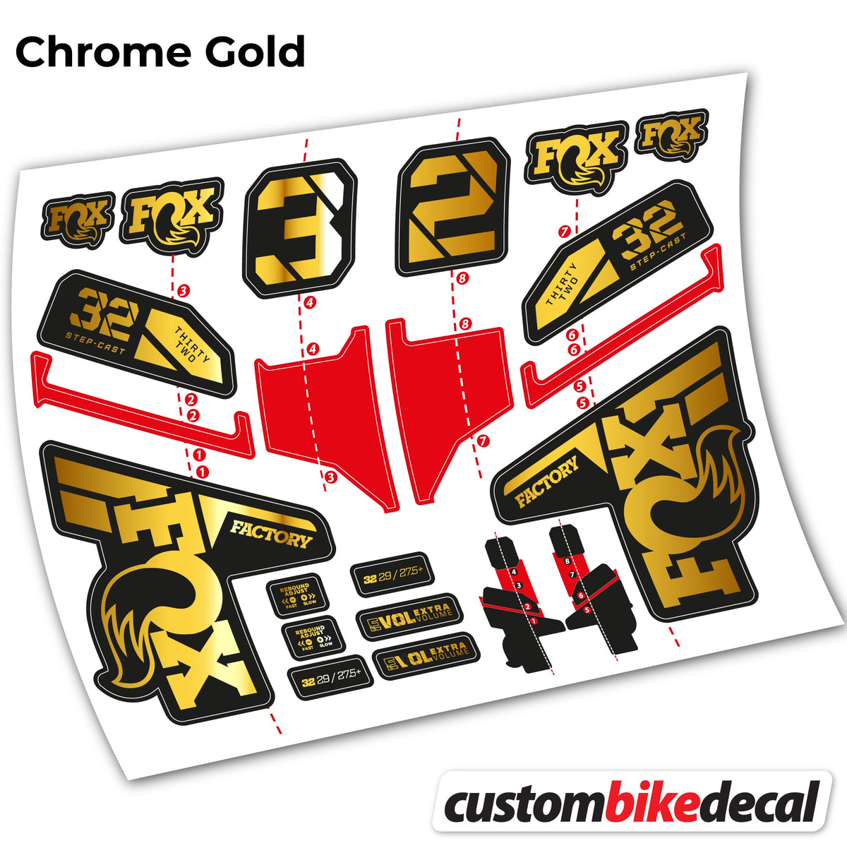 Chrome Gold decal for FOX 32 Step Cast Factory Mk2 2021 2022 y 2023 fork – bike sticker vinyl