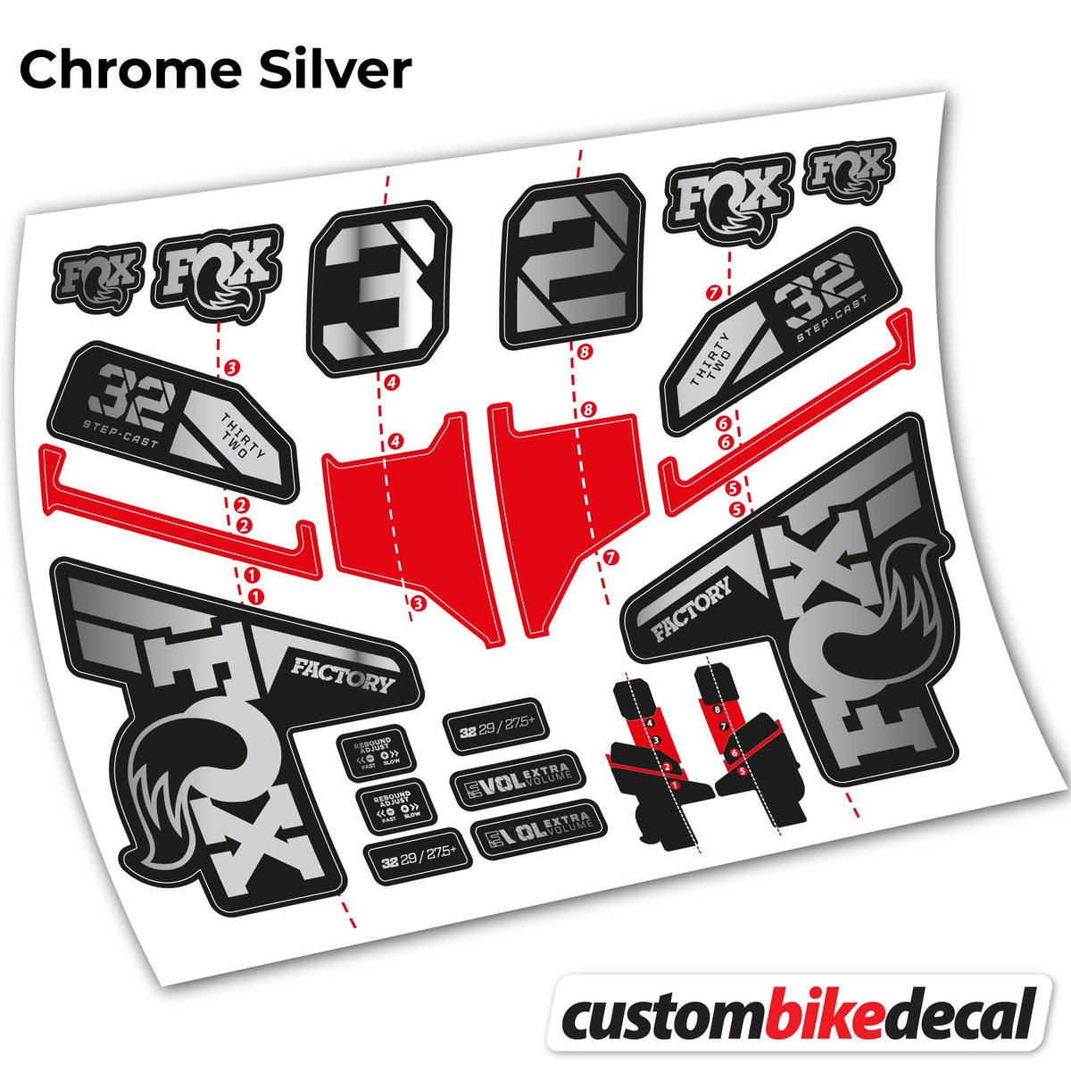 Chrome Silver decal for FOX 32 Step Cast Factory Mk2 2021 2022 y 2023 fork – bike sticker vinyl