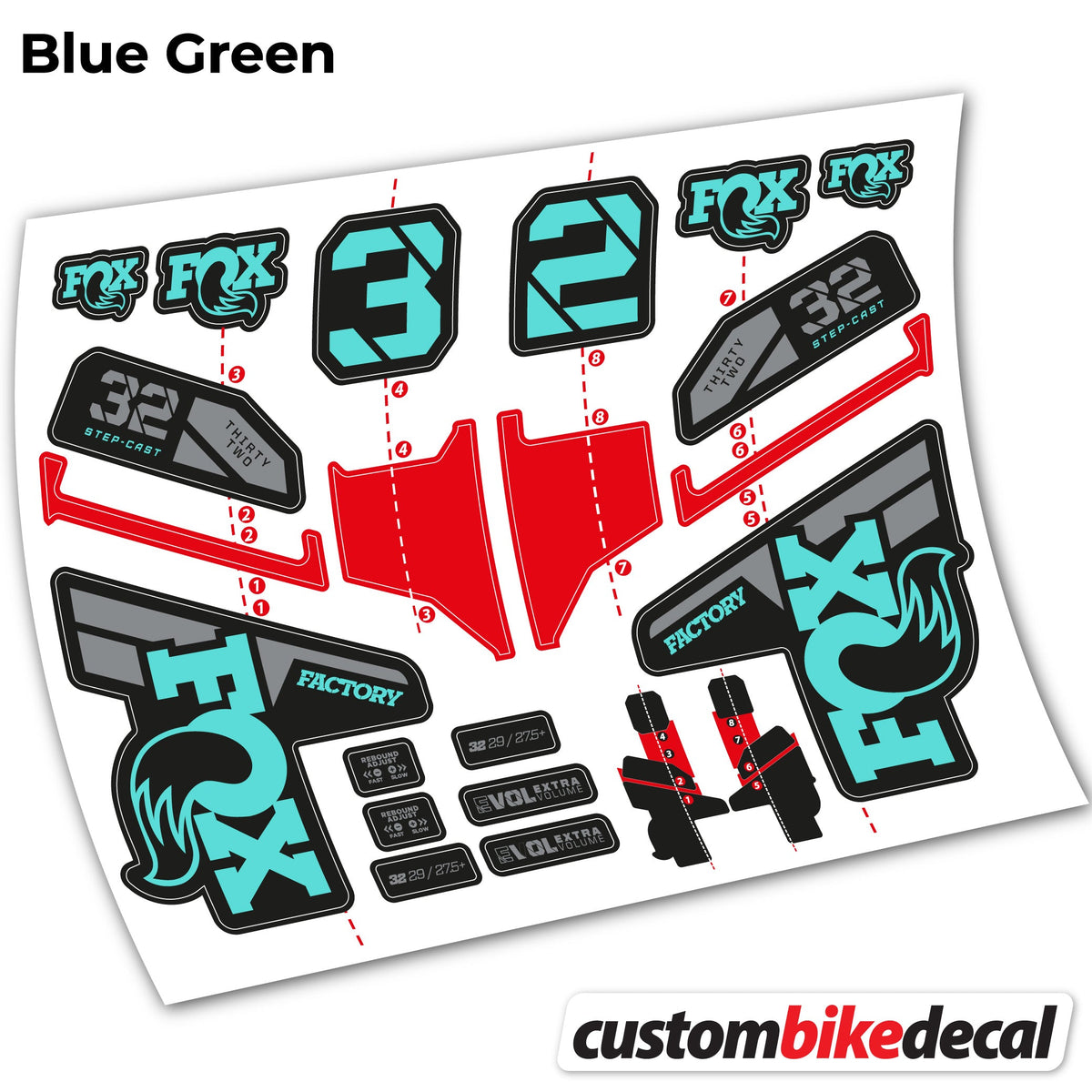 Blue Green decal for FOX 32 Step Cast Factory Mk2 2021 2022 y 2023 fork – bike sticker vinyl