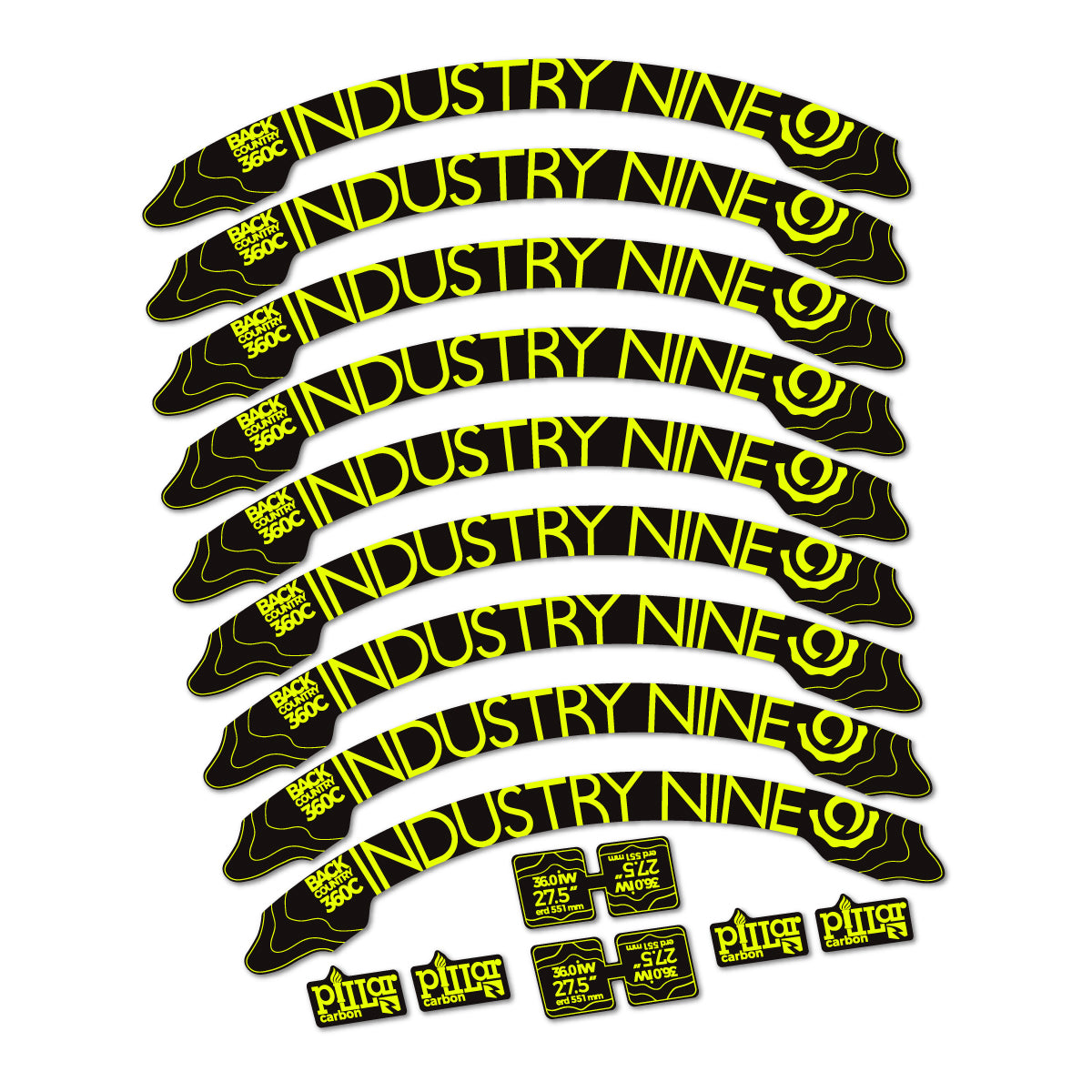 Stickers compatibles Industry Nine BC360C 2017-2018 pour jantes VTT 27.5" – autocollants vinyle - Jaune Fluo