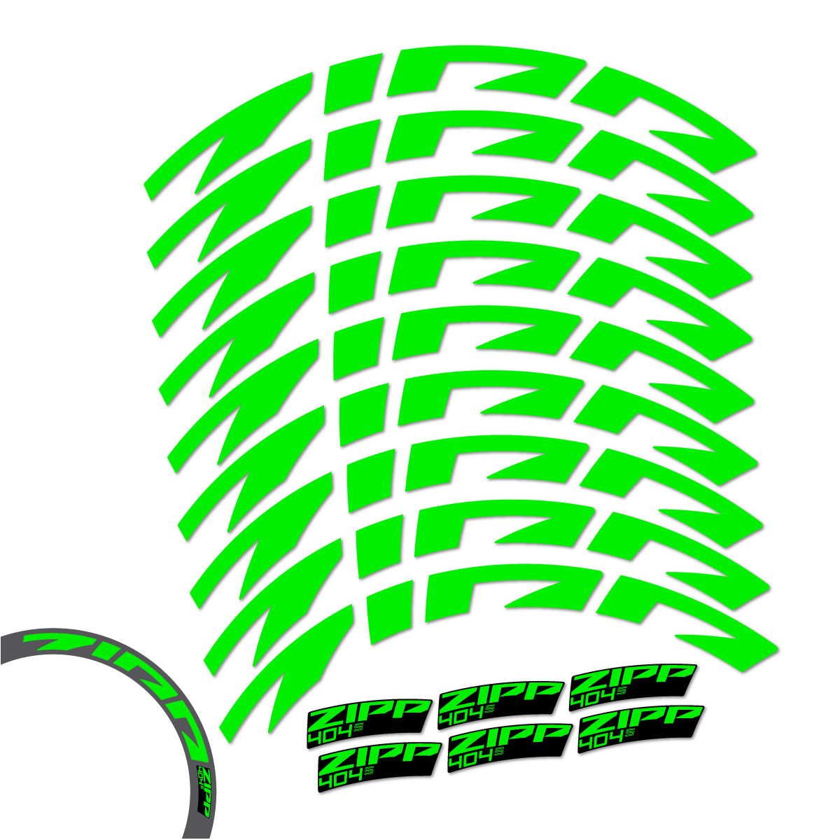 Stickers compatibles Zipp 404 S 2026 pour jantes route 58 mm – autocollants vinyle - Vert Fluo