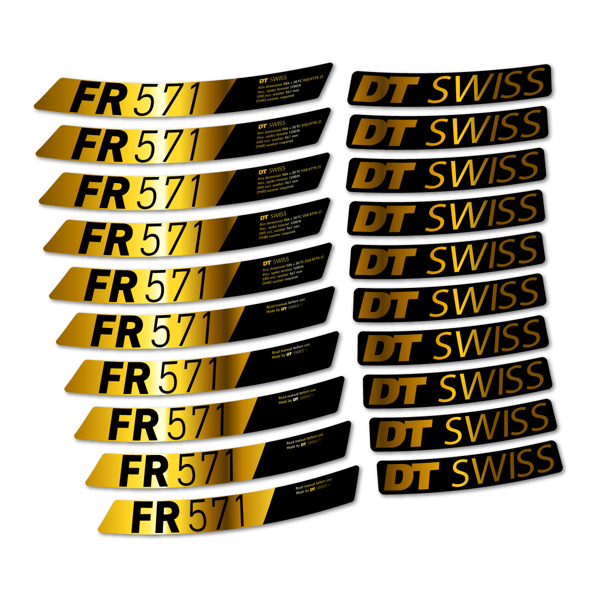 Stickers compatibles DT Swiss FR 571x 2025-2026 pour jantes VTT – autocollants vinyle - Or Chromé