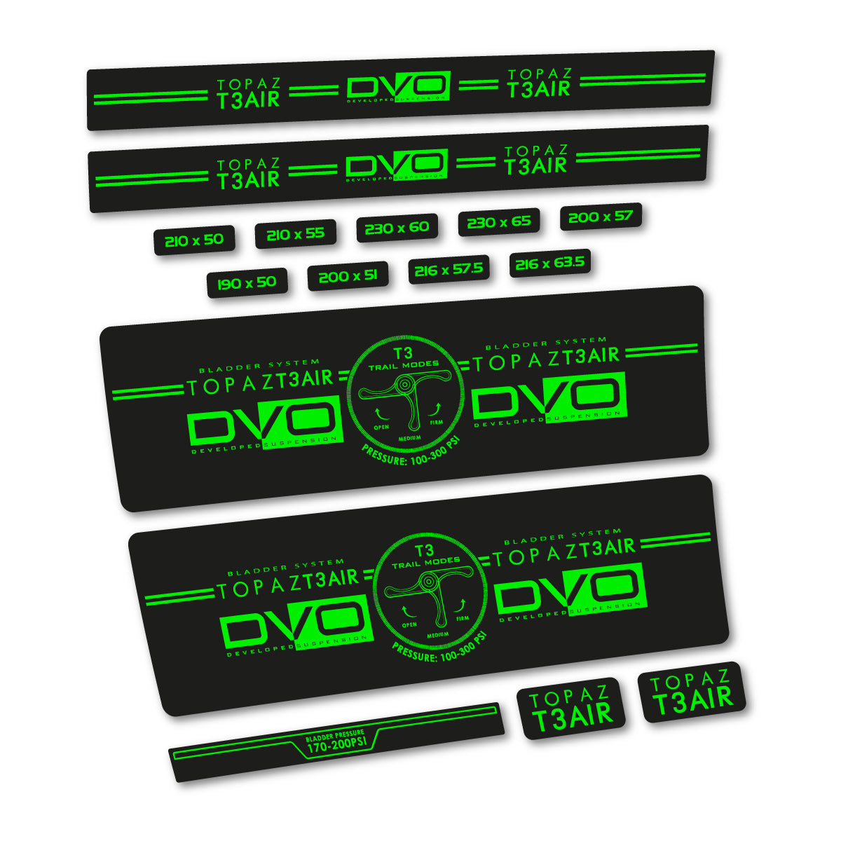 Stickers compatibles DVO Topaz T3 Air Green 2016-2017 pour amortisseur – autocollants vinyle - Vert Fluo