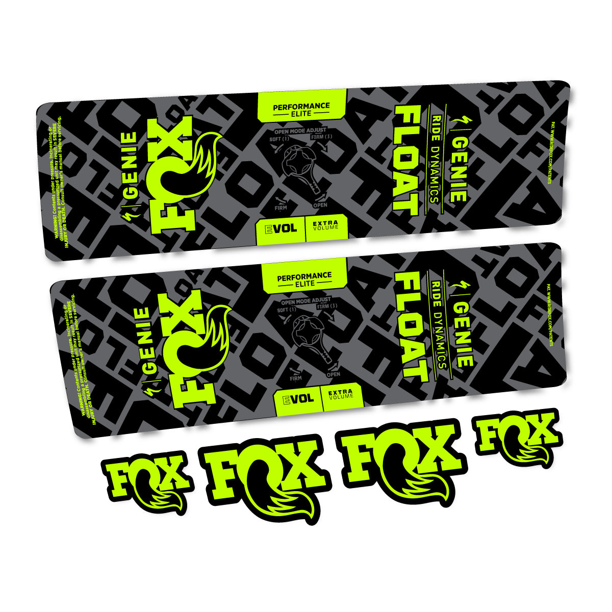 Stickers compatibles Fox Float Genie Elite 2024-2025 pour amortisseur – autocollants vinyle - Vert Lime Fluo