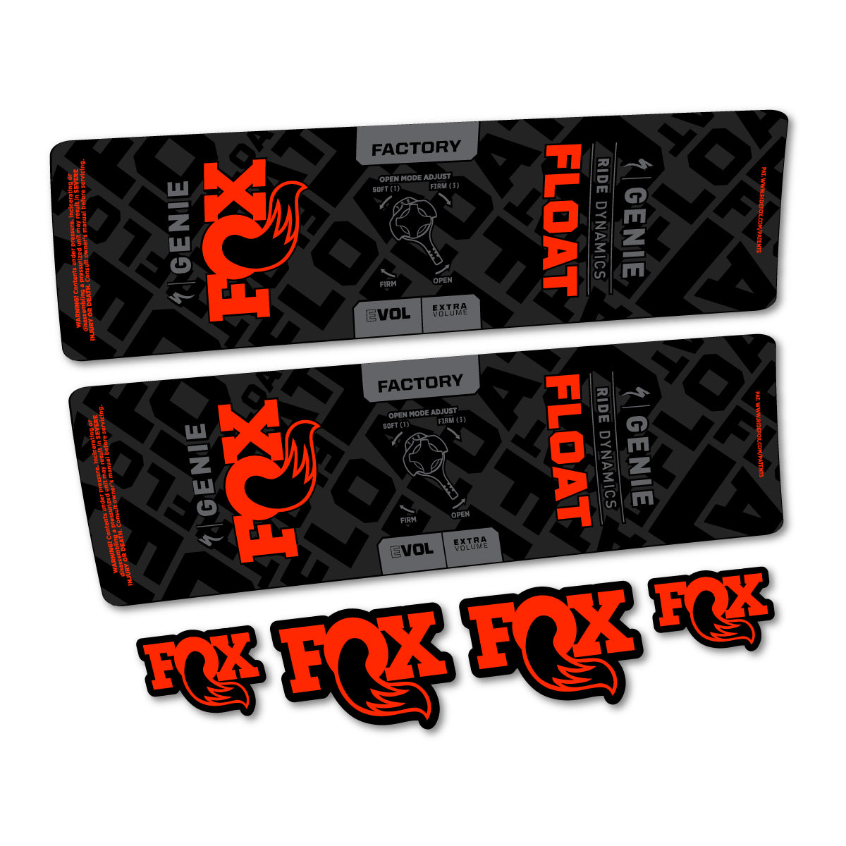 Stickers compatibles Fox Float Genie Factory 2024-2025 pour amortisseur – autocollants vinyle - Rouge Fluo