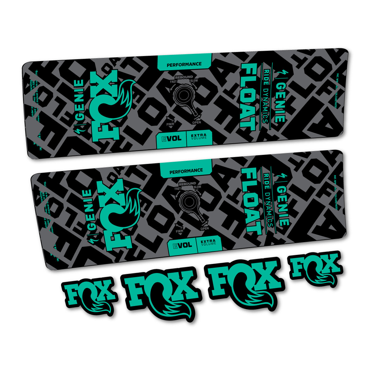 Stickers compatibles Fox Float Genie Performance 2024-2025 pour amortisseur – autocollants vinyle - Turquoise Vert