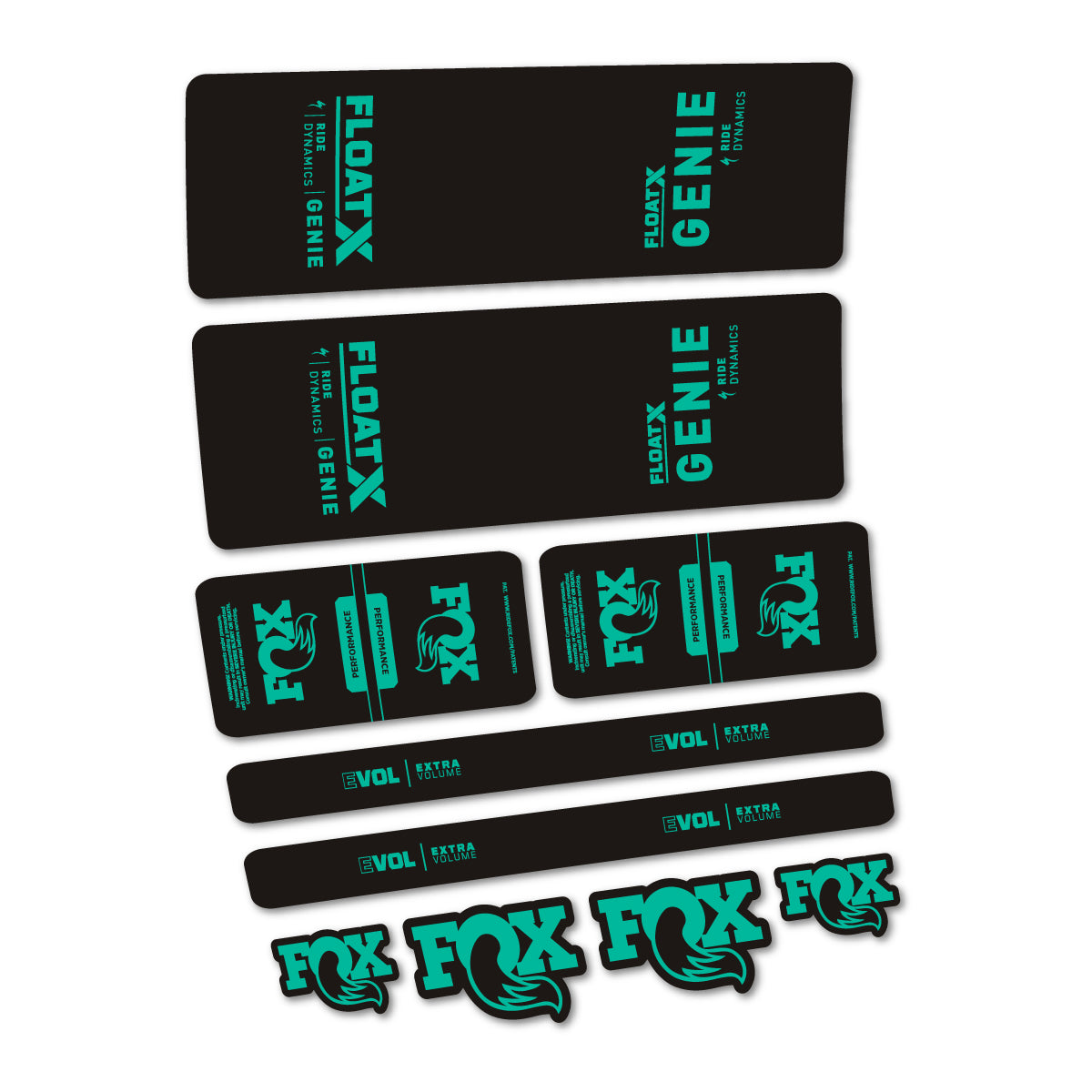 Stickers compatibles Fox Float X Genie Performance 2025 pour amortisseur – autocollants vinyle - Turquoise Vert