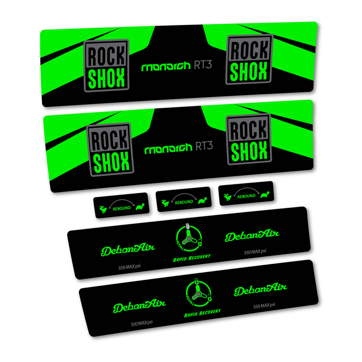 Stickers compatibles RockShox Monarch Plus RC3 2016 pour amortisseur – autocollants vinyle - Vert Fluo