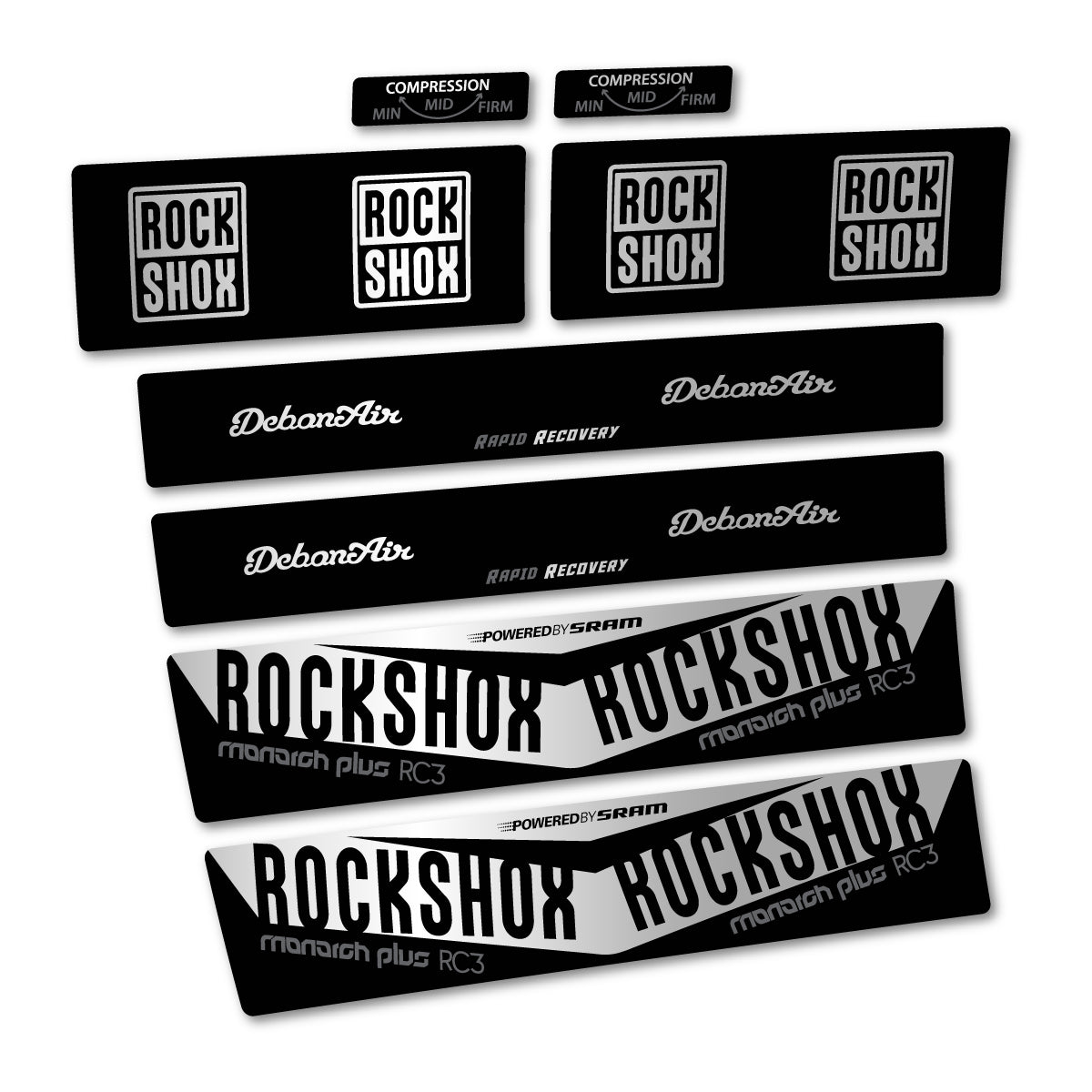 Stickers compatibles RockShox Monarch Plus RC3 2017 pour amortisseur – autocollants vinyle - Argent