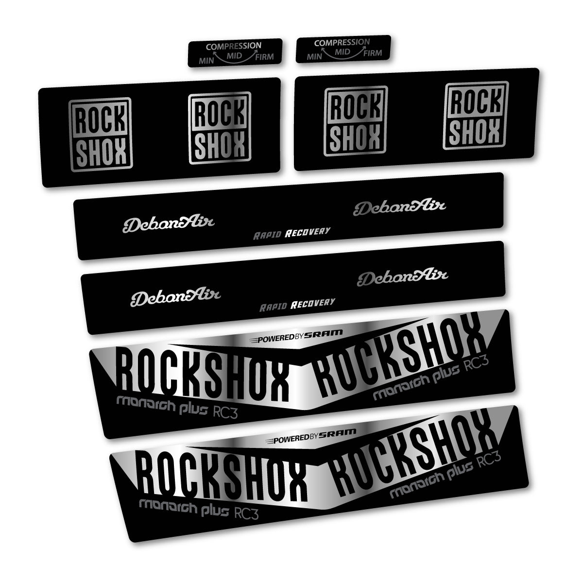 Stickers compatibles RockShox Monarch Plus RC3 2017 pour amortisseur – autocollants vinyle - Argent Chromé