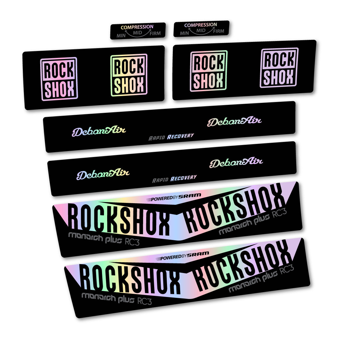 Stickers compatibles RockShox Monarch Plus RC3 2017 pour amortisseur – autocollants vinyle - Holographique