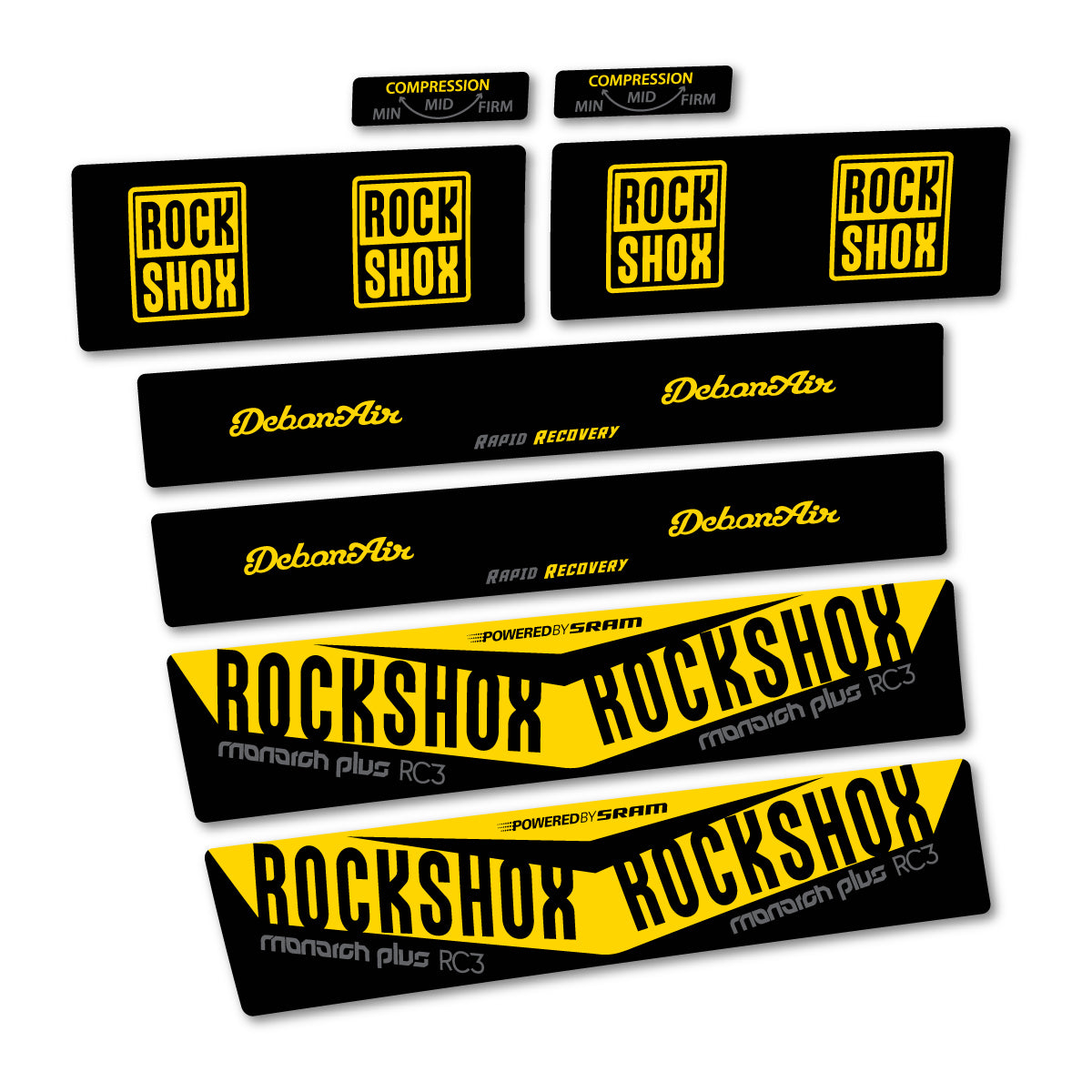 Stickers compatibles RockShox Monarch Plus RC3 2017 pour amortisseur – autocollants vinyle - Jaune Banane