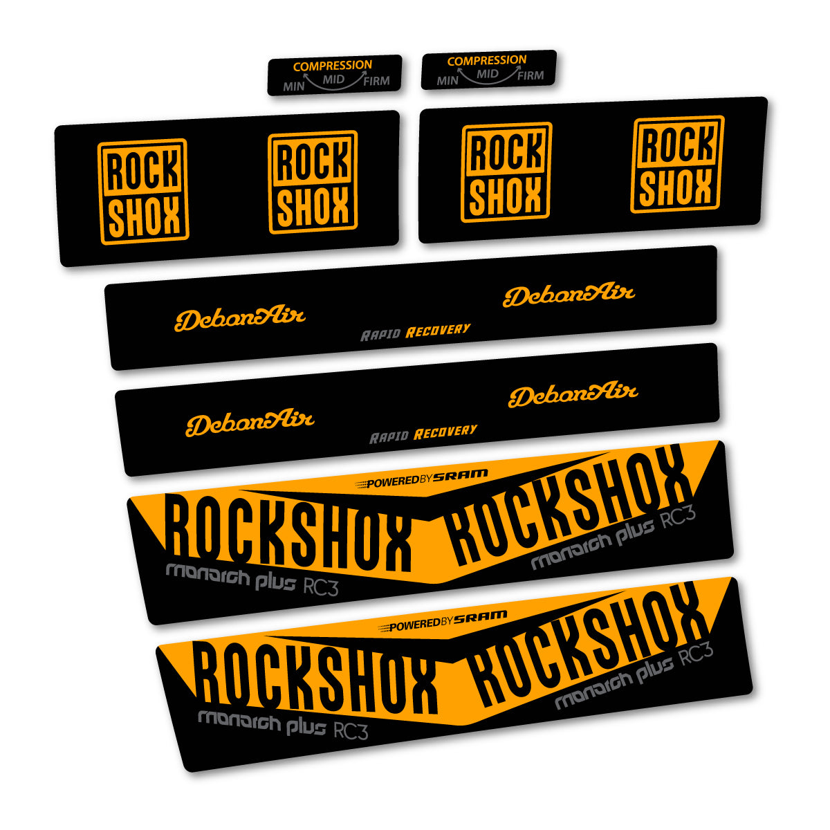 Stickers compatibles RockShox Monarch Plus RC3 2017 pour amortisseur – autocollants vinyle - Jaune Orangé