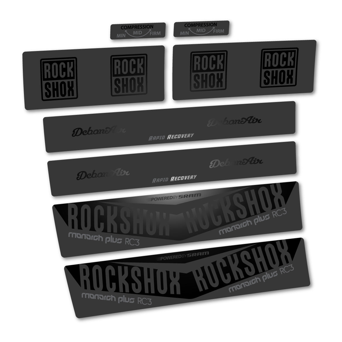 Stickers compatibles RockShox Monarch Plus RC3 2017 pour amortisseur – autocollants vinyle - Noir