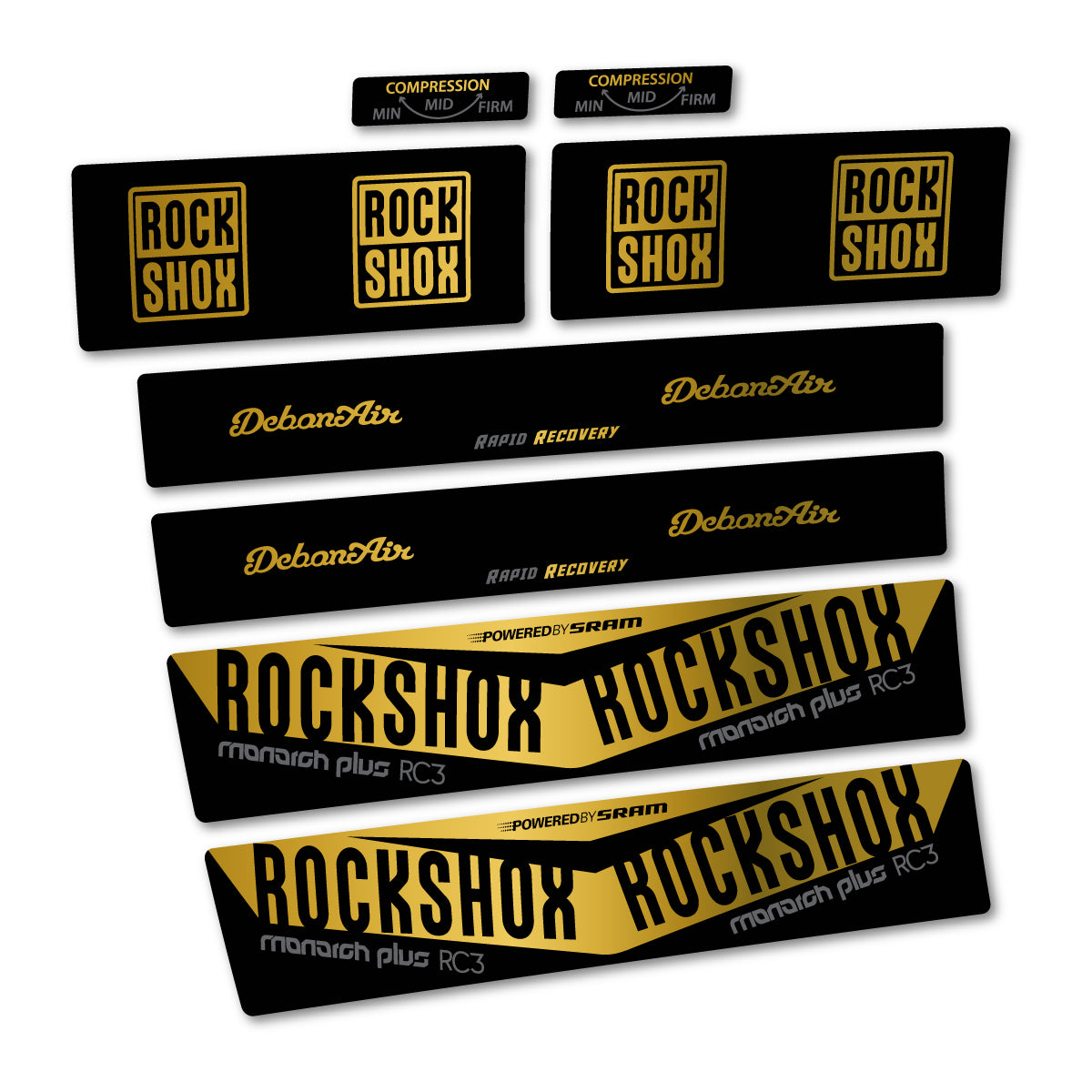 Stickers compatibles RockShox Monarch Plus RC3 2017 pour amortisseur – autocollants vinyle - Or