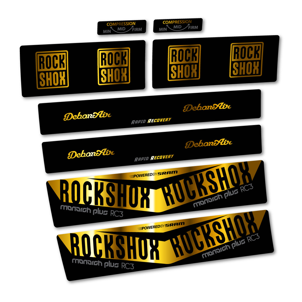 Stickers compatibles RockShox Monarch Plus RC3 2017 pour amortisseur – autocollants vinyle - Or Chromé