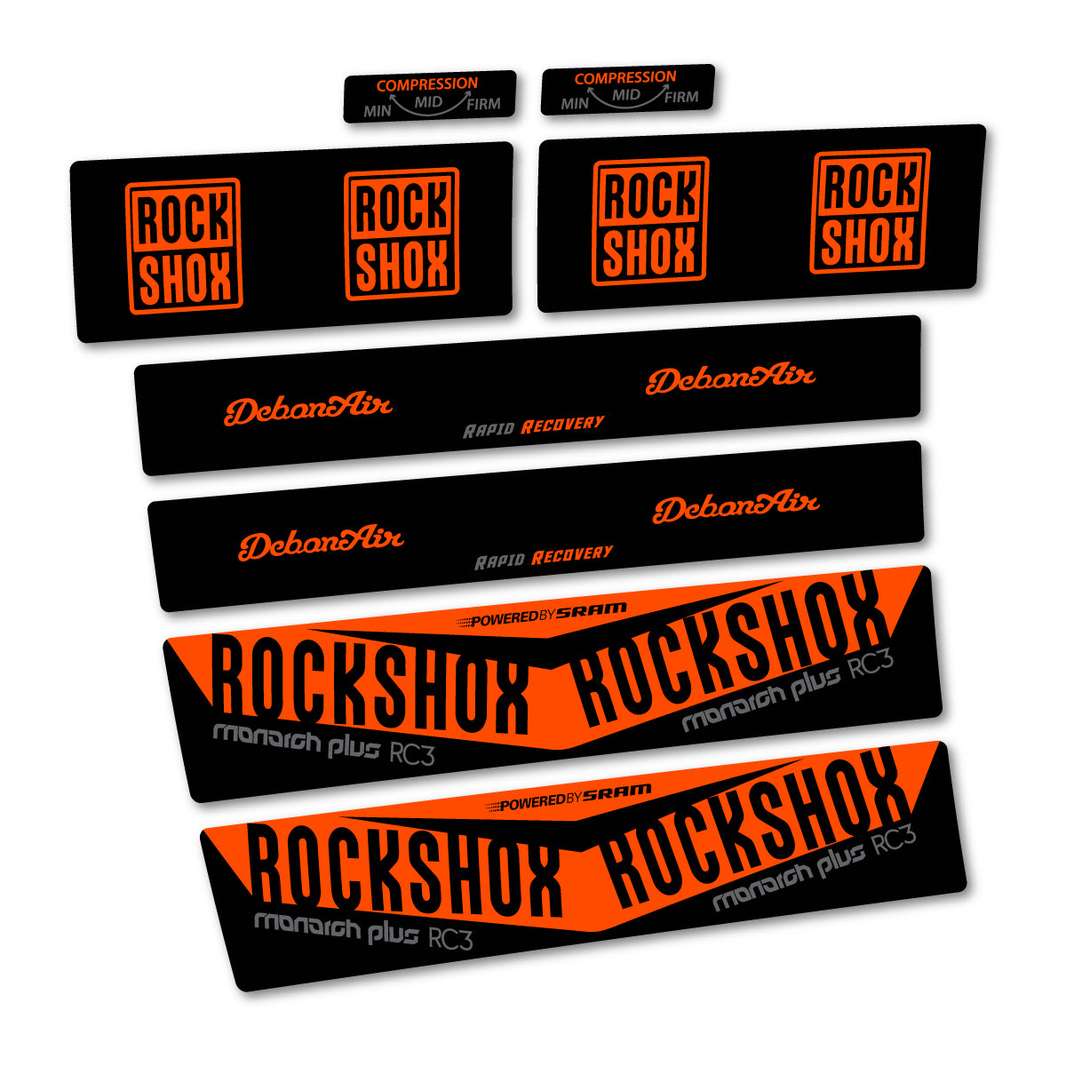 Stickers compatibles RockShox Monarch Plus RC3 2017 pour amortisseur – autocollants vinyle - Orange Fluo