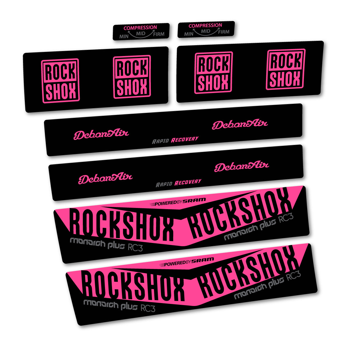 Stickers compatibles RockShox Monarch Plus RC3 2017 pour amortisseur – autocollants vinyle - Rose Bonbon