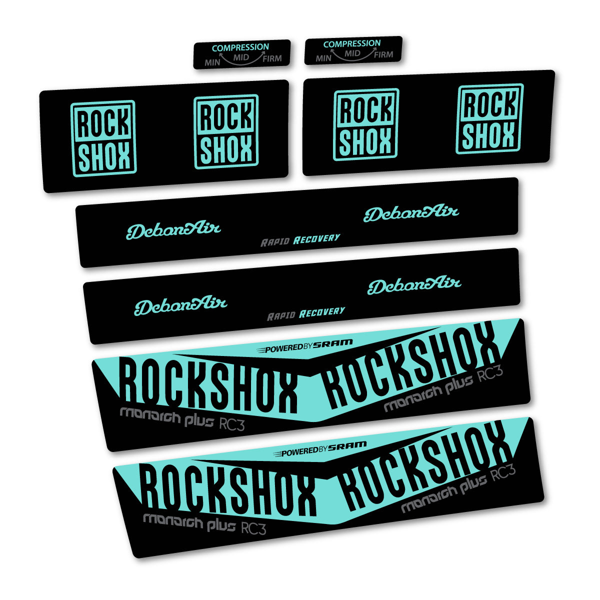 Stickers compatibles RockShox Monarch Plus RC3 2017 pour amortisseur – autocollants vinyle - Turquoise Clair