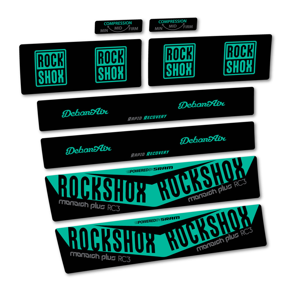 Stickers compatibles RockShox Monarch Plus RC3 2017 pour amortisseur – autocollants vinyle - Turquoise Vert