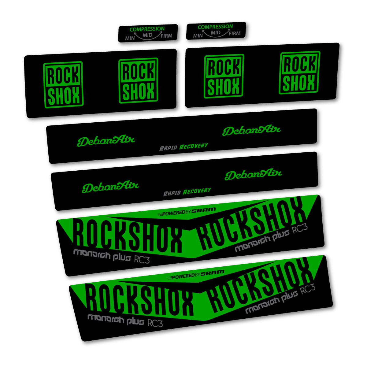 Stickers compatibles RockShox Monarch Plus RC3 2017 pour amortisseur – autocollants vinyle - Vert
