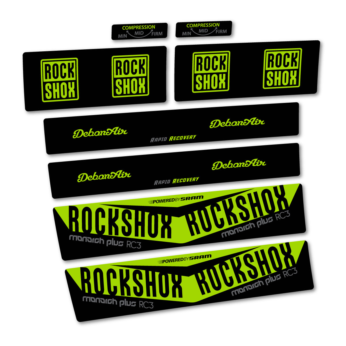 Stickers compatibles RockShox Monarch Plus RC3 2017 pour amortisseur – autocollants vinyle - Vert Citron