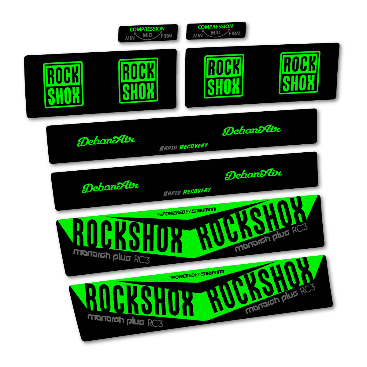 Stickers compatibles RockShox Monarch Plus RC3 2017 pour amortisseur – autocollants vinyle - Vert Fluo