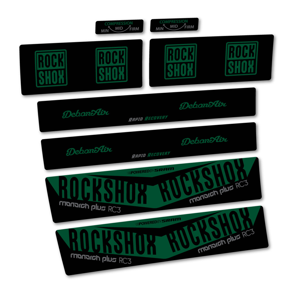 Stickers compatibles RockShox Monarch Plus RC3 2017 pour amortisseur – autocollants vinyle - Vert Foncé