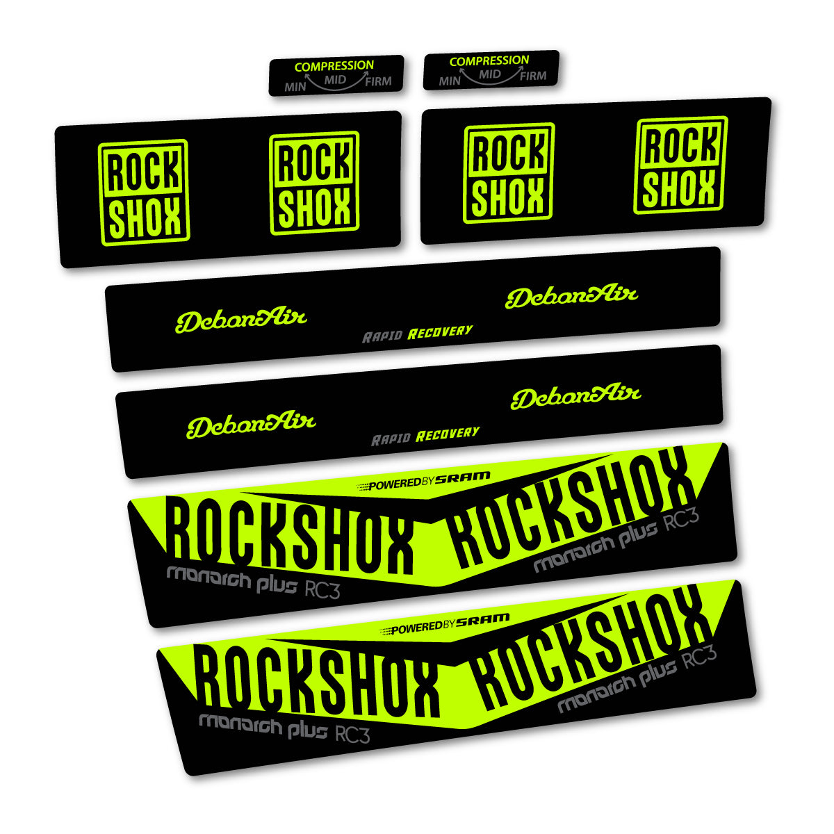 Stickers compatibles RockShox Monarch Plus RC3 2017 pour amortisseur – autocollants vinyle - Vert Lime Fluo