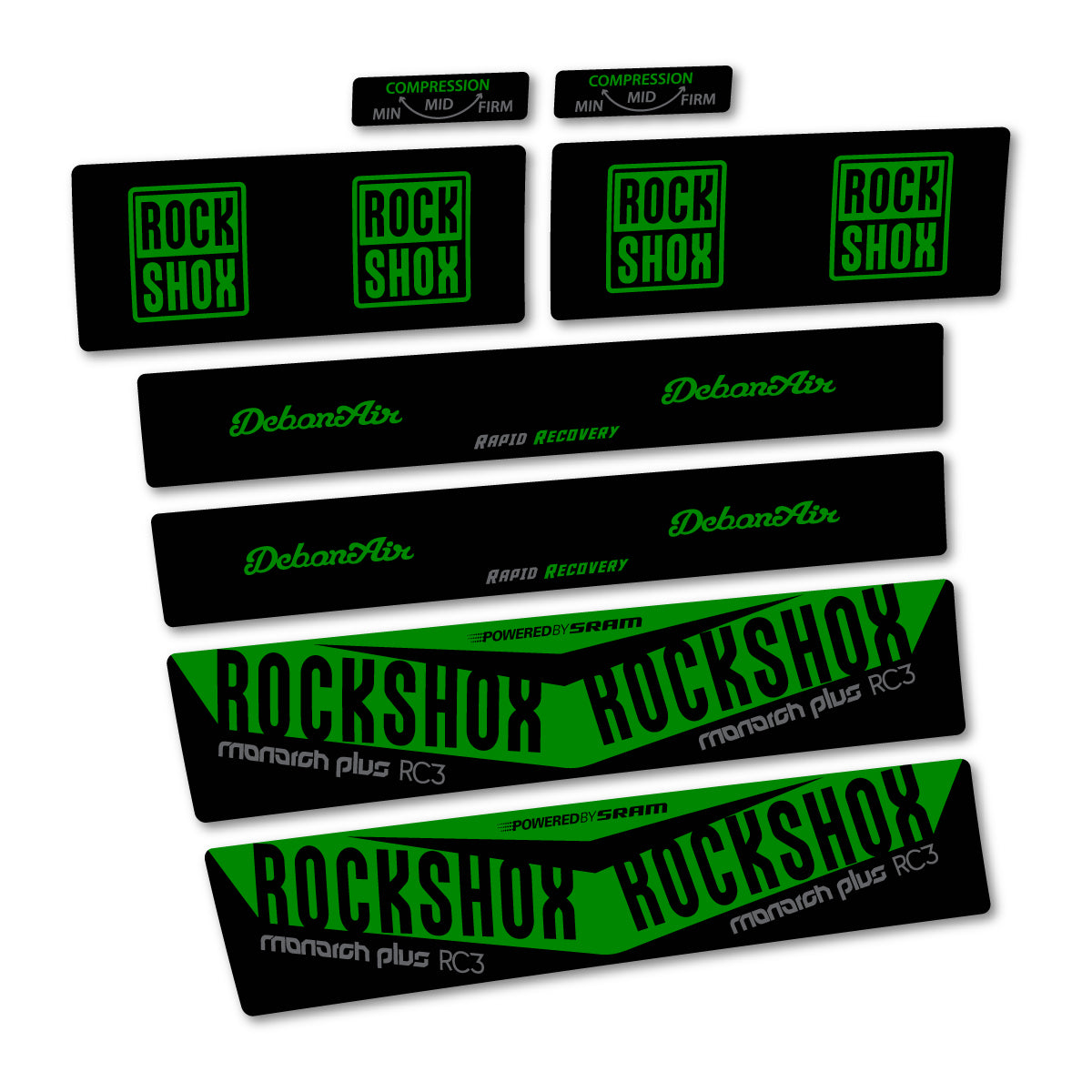 Stickers compatibles RockShox Monarch Plus RC3 2017 pour amortisseur – autocollants vinyle - Vert Moyen