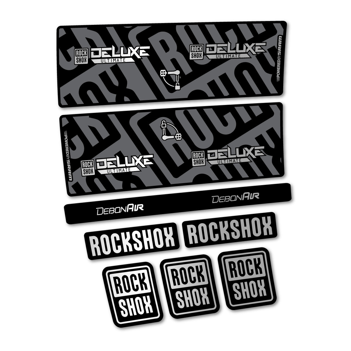 Stickers compatibles RockShox Deluxe Ultimate pour amortisseur – autocollants vinyle - Argent