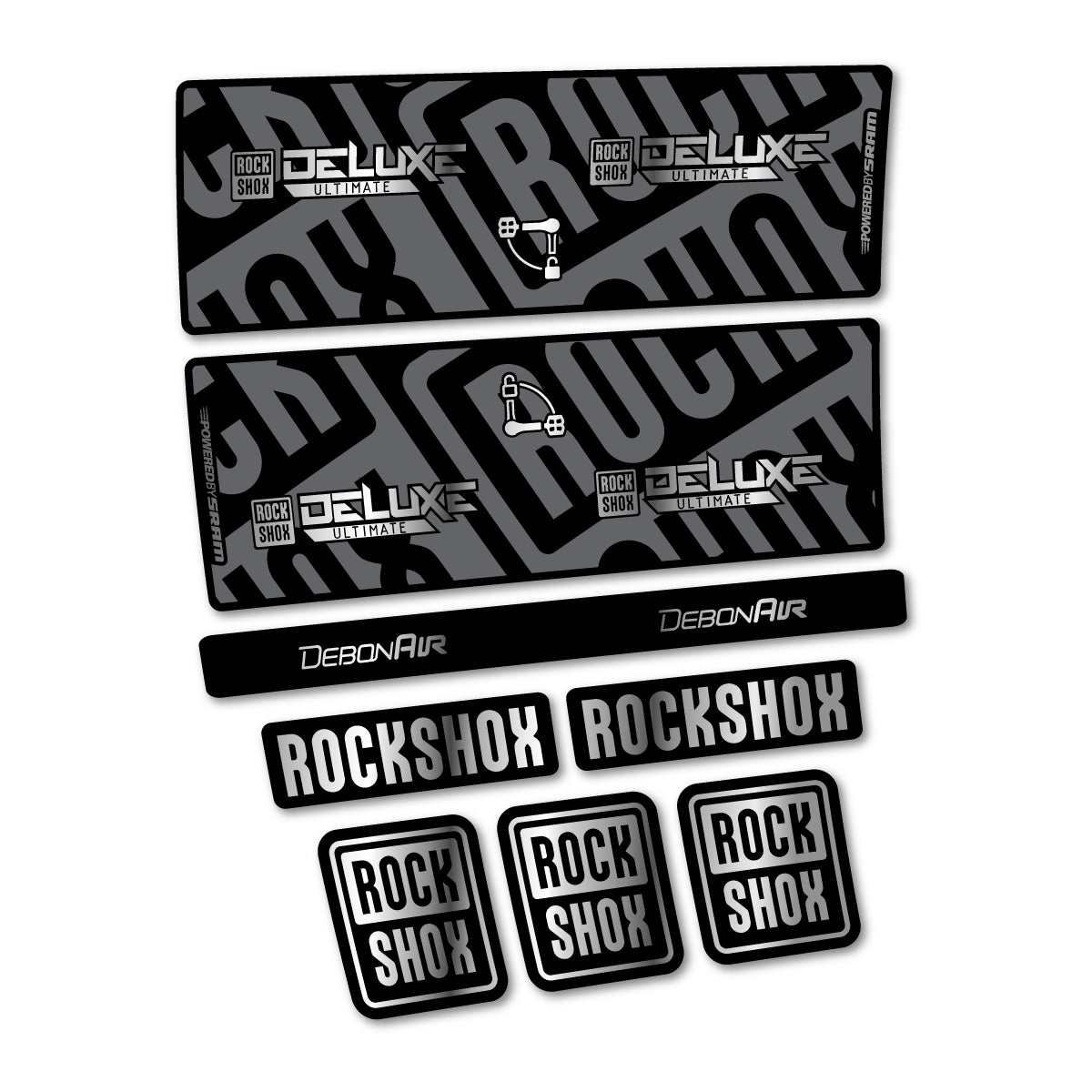 Stickers compatibles RockShox Deluxe Ultimate pour amortisseur – autocollants vinyle - Argent Chromé