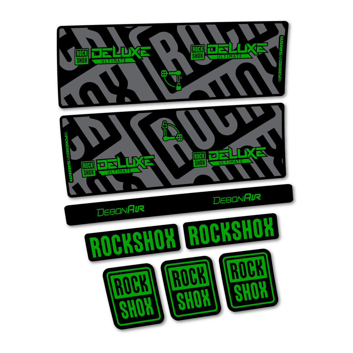 Stickers compatibles RockShox Deluxe Ultimate pour amortisseur – autocollants vinyle - Vert