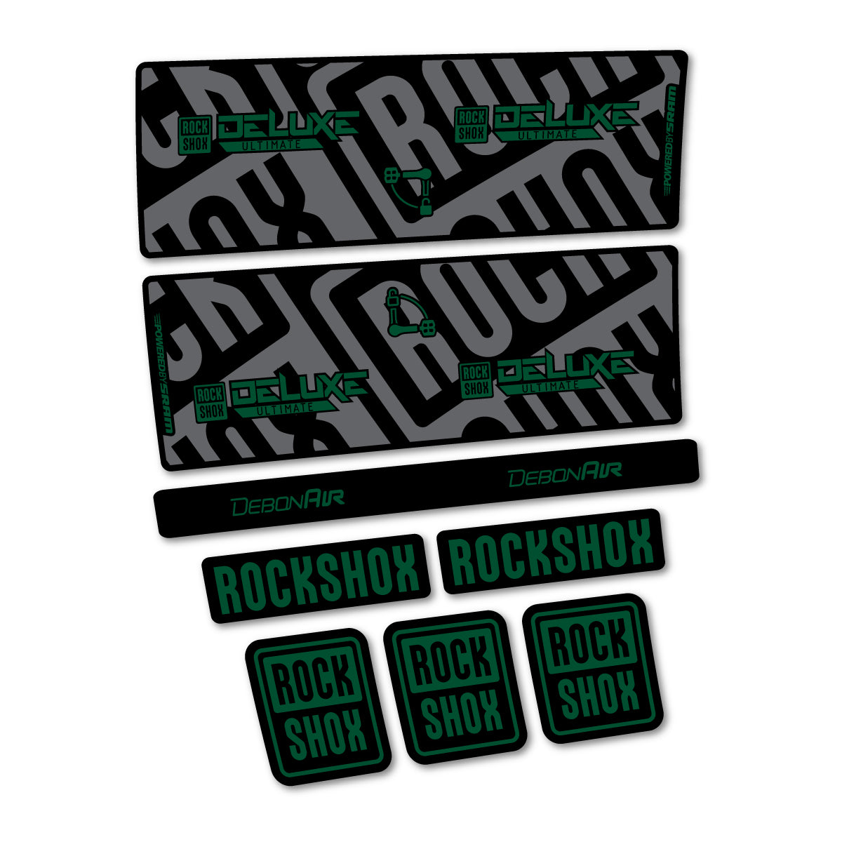 Stickers compatibles RockShox Deluxe Ultimate pour amortisseur – autocollants vinyle - Vert Foncé