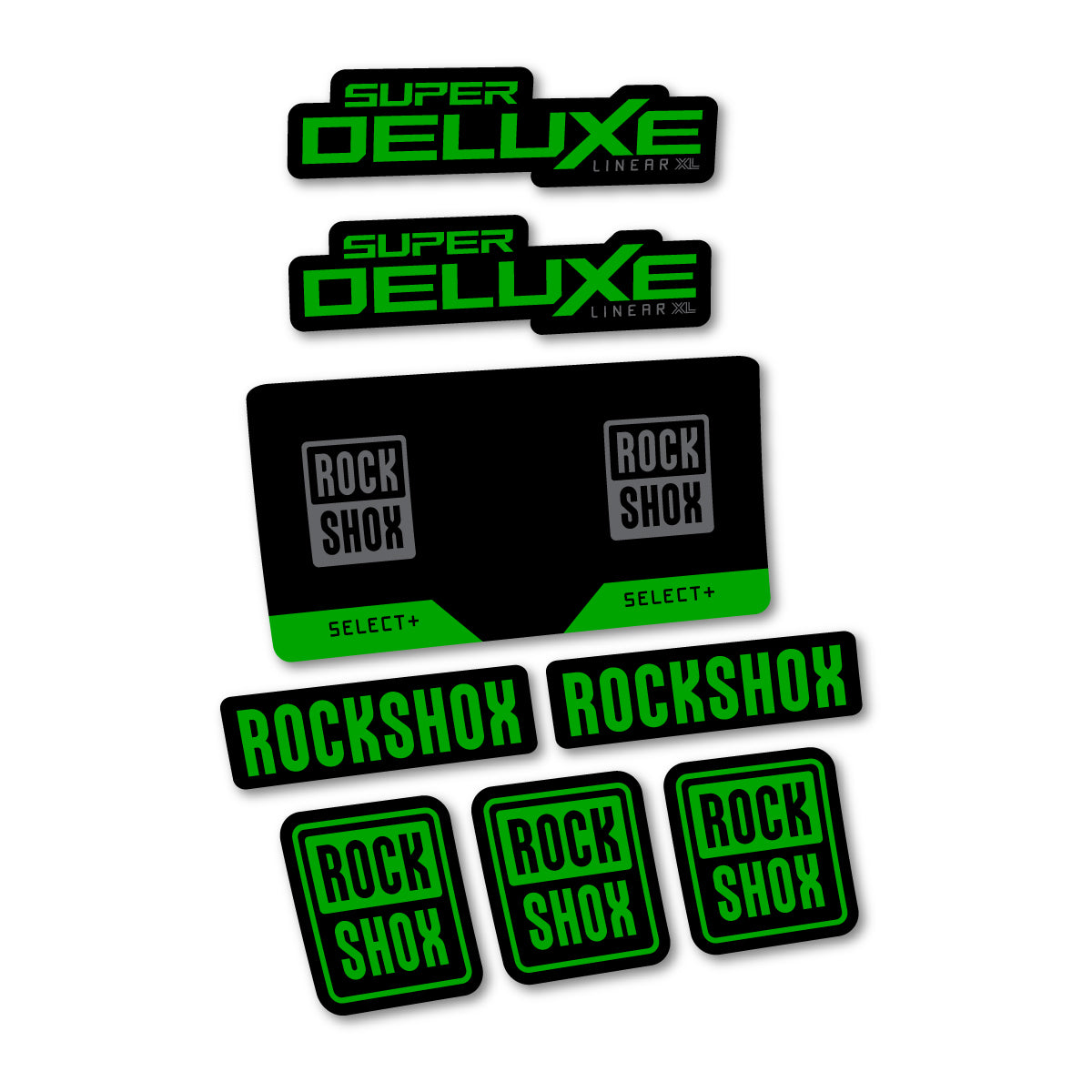 Stickers compatibles RockShox Super Deluxe Select 2027 pour amortisseur – autocollants vinyle - Vert