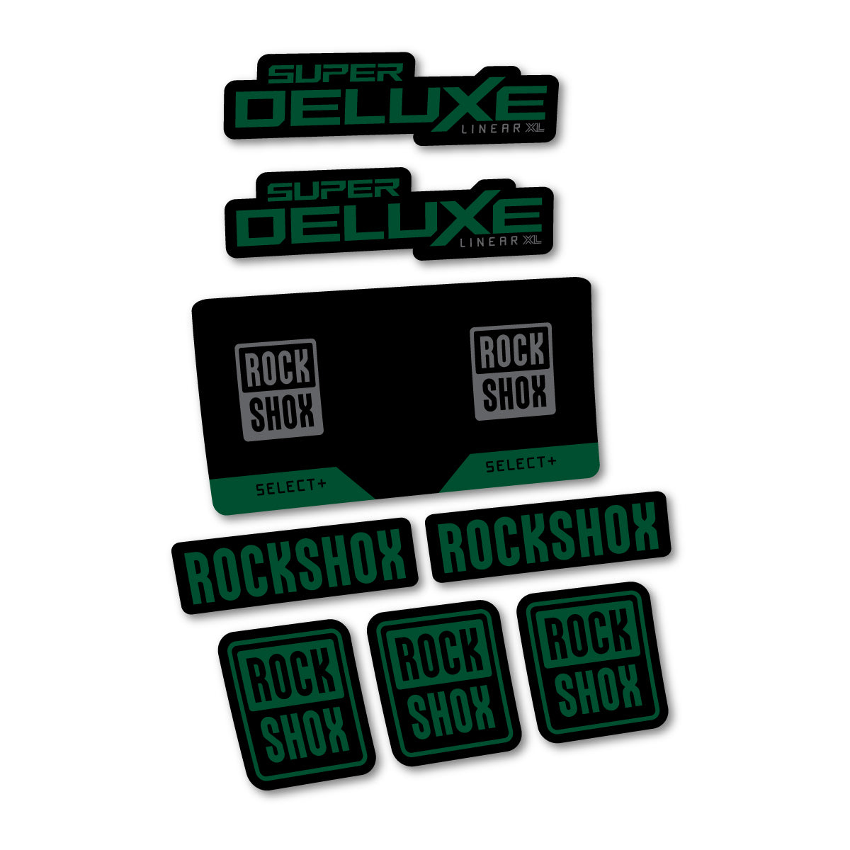 Stickers compatibles RockShox Super Deluxe Select 2027 pour amortisseur – autocollants vinyle - Vert Foncé